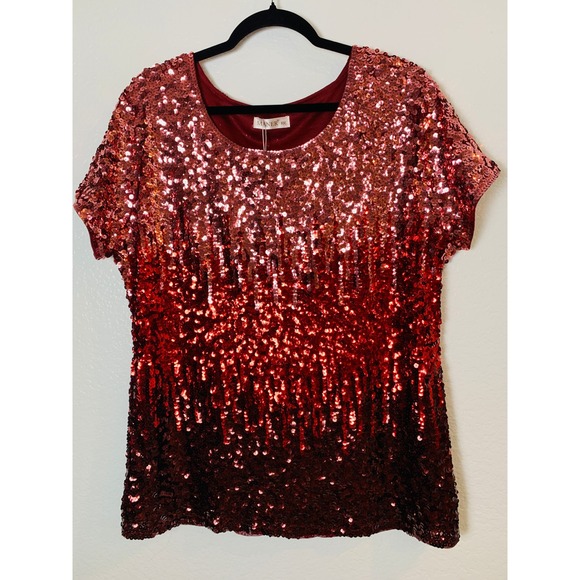 Maner Tops - MANER Sequin Top Women XXL Red Ombre Short Sleeve Party Blouse Sparkly Holiday